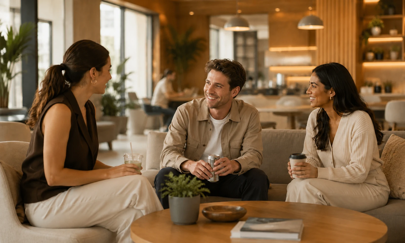 People relaxing and chatting with drinks in a warm, modern lounge space