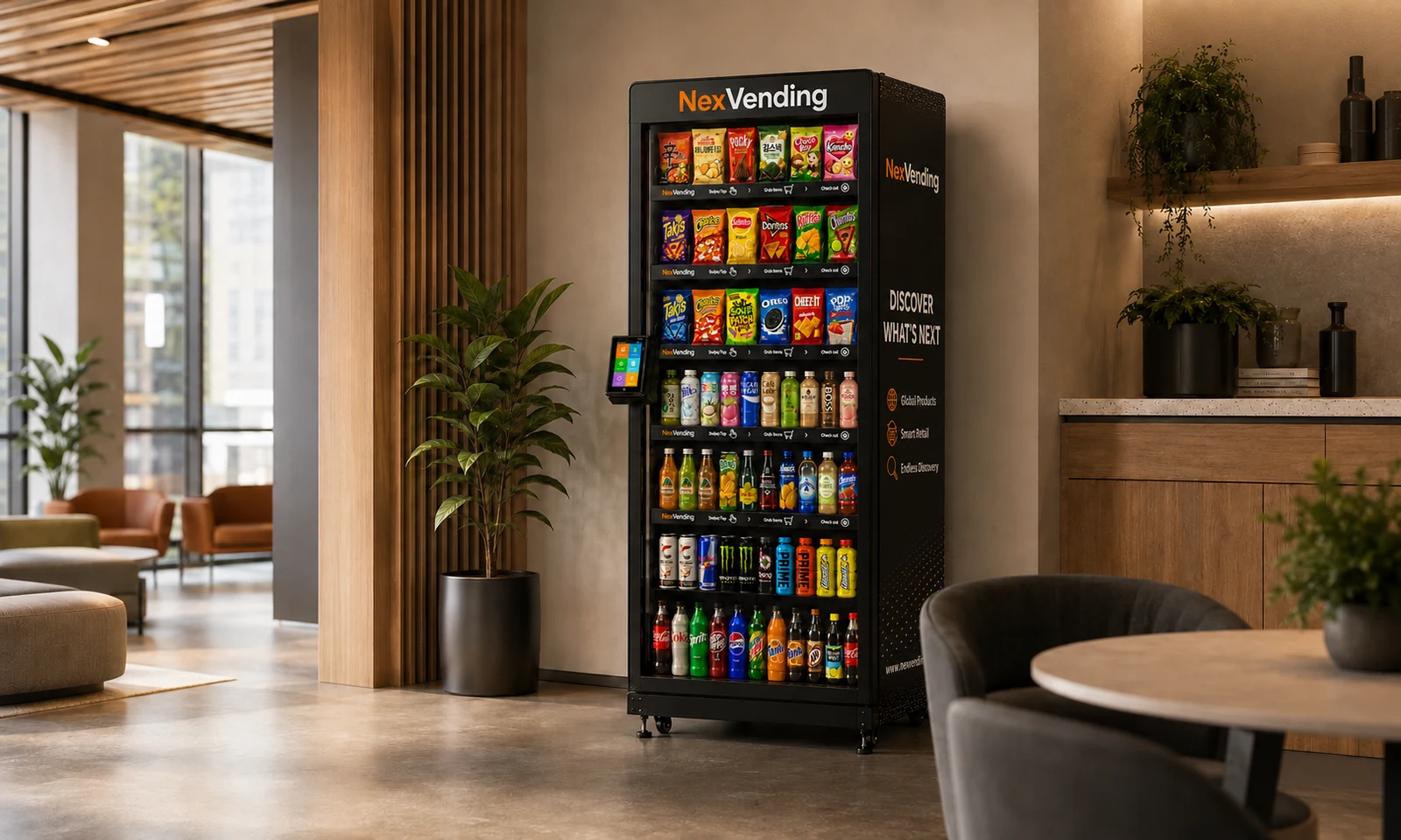 A NexVending smart cooler placed naturally in a warm, modern lounge setting