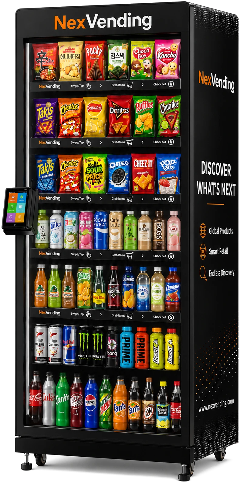 NexVending smart cooler — front view with touchscreen and shelves