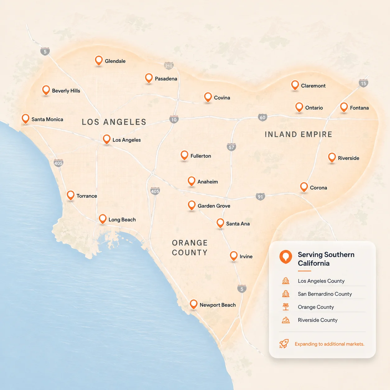 NexVending service area map — Greater Los Angeles, San Bernardino, Orange, and Riverside Counties