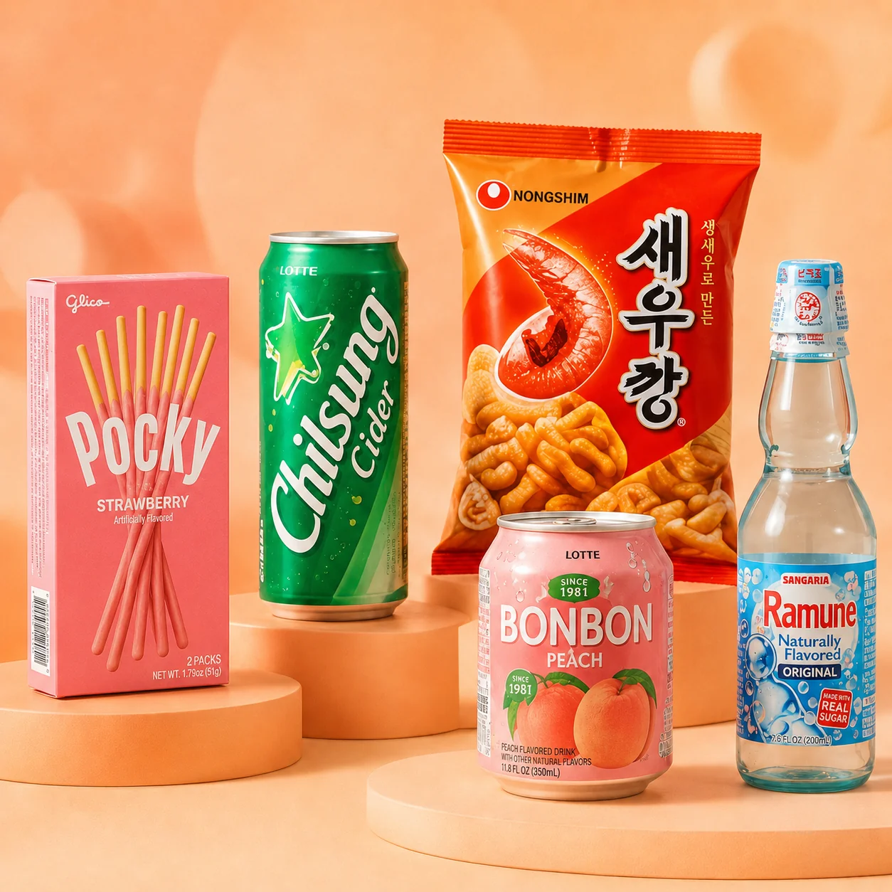 Japanese and Korean snacks and beverages — Pocky, Korean chips, milk drinks, and fruit sodas in a warm studio setting
