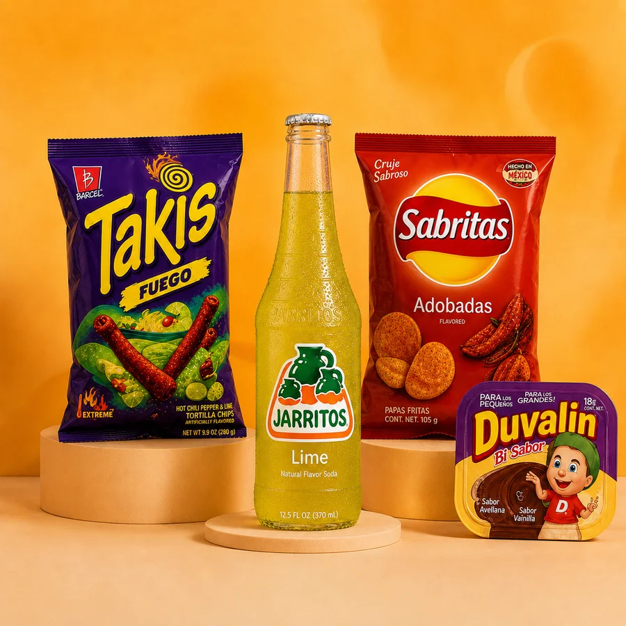Mexican snacks and drinks — spicy chips, lime soda, fruit drinks, and bold colorful packaging in a warm studio setting