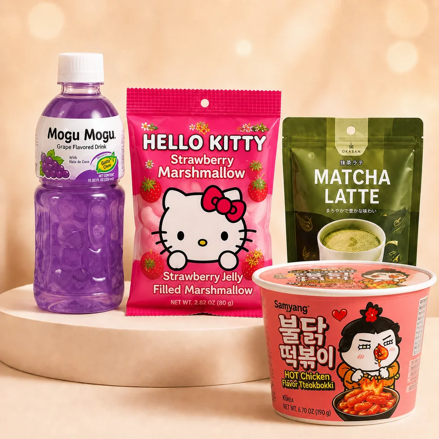 Discovery products — limited-time items, drinks, snacks, and fun packaging in a premium studio setting