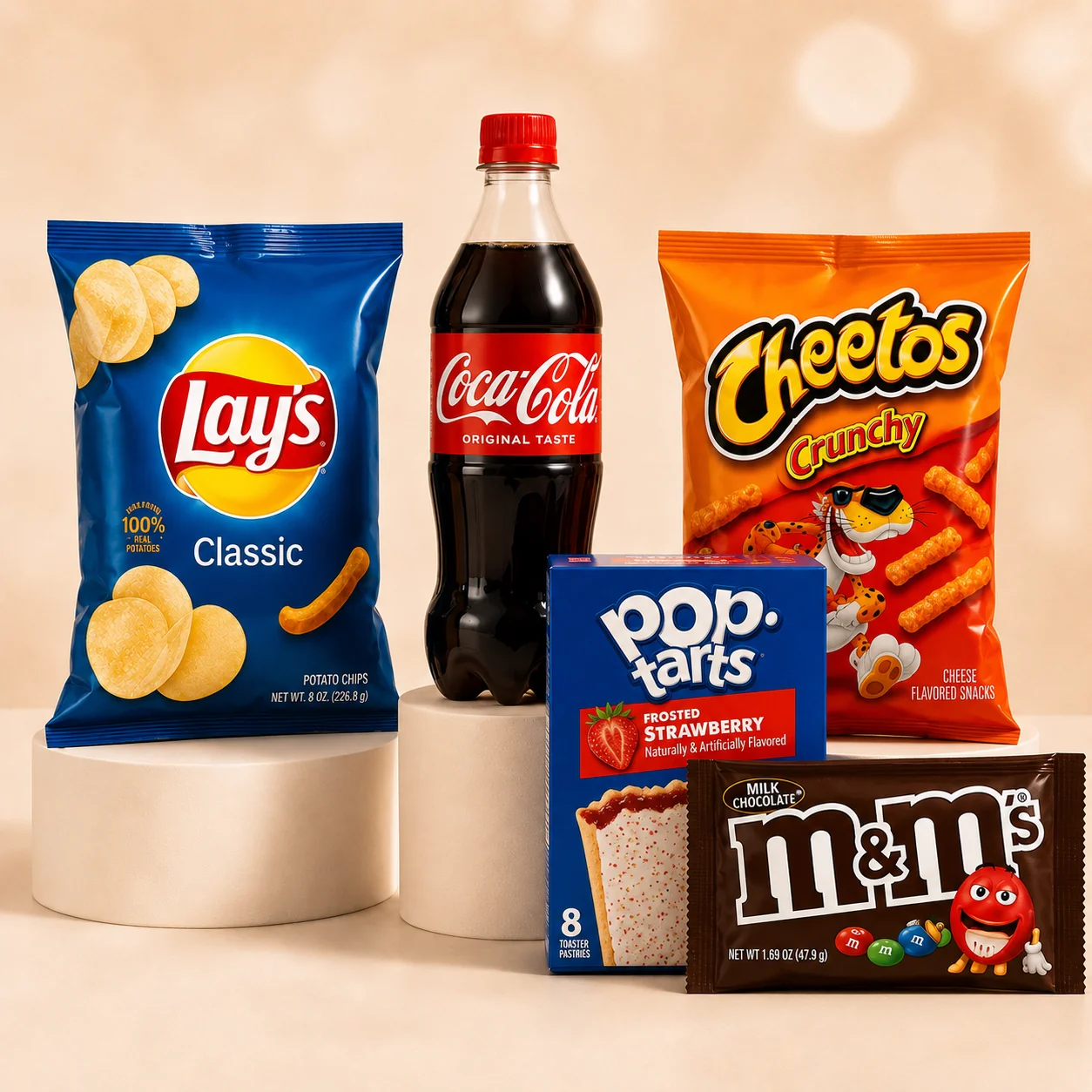 U.S. snacks and beverages — chips, sparkling drinks, energy drinks, cookies, and candy in a premium studio setting