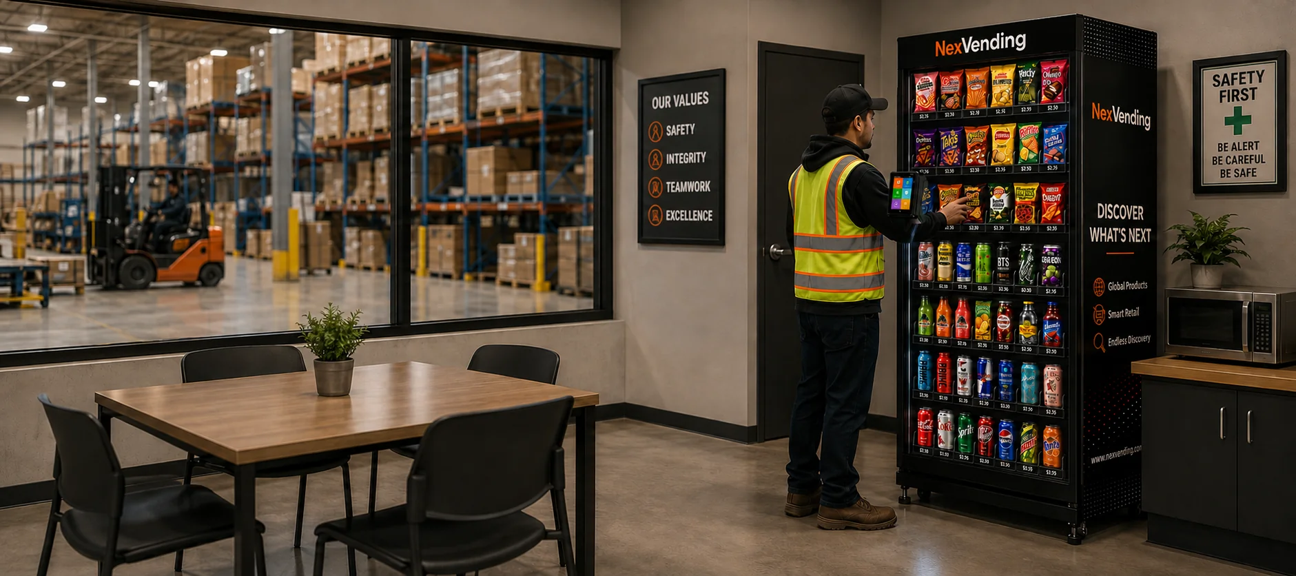 Warehouse break room with a worker browsing a NexVending smart cooler