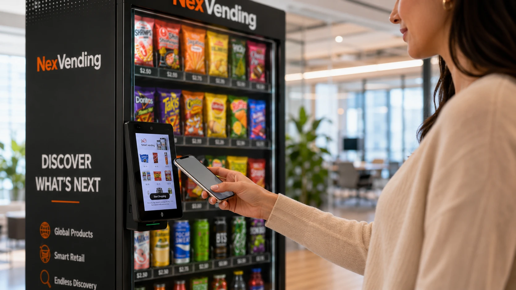 Customer tapping their phone on the NexVending smart cooler payment terminal